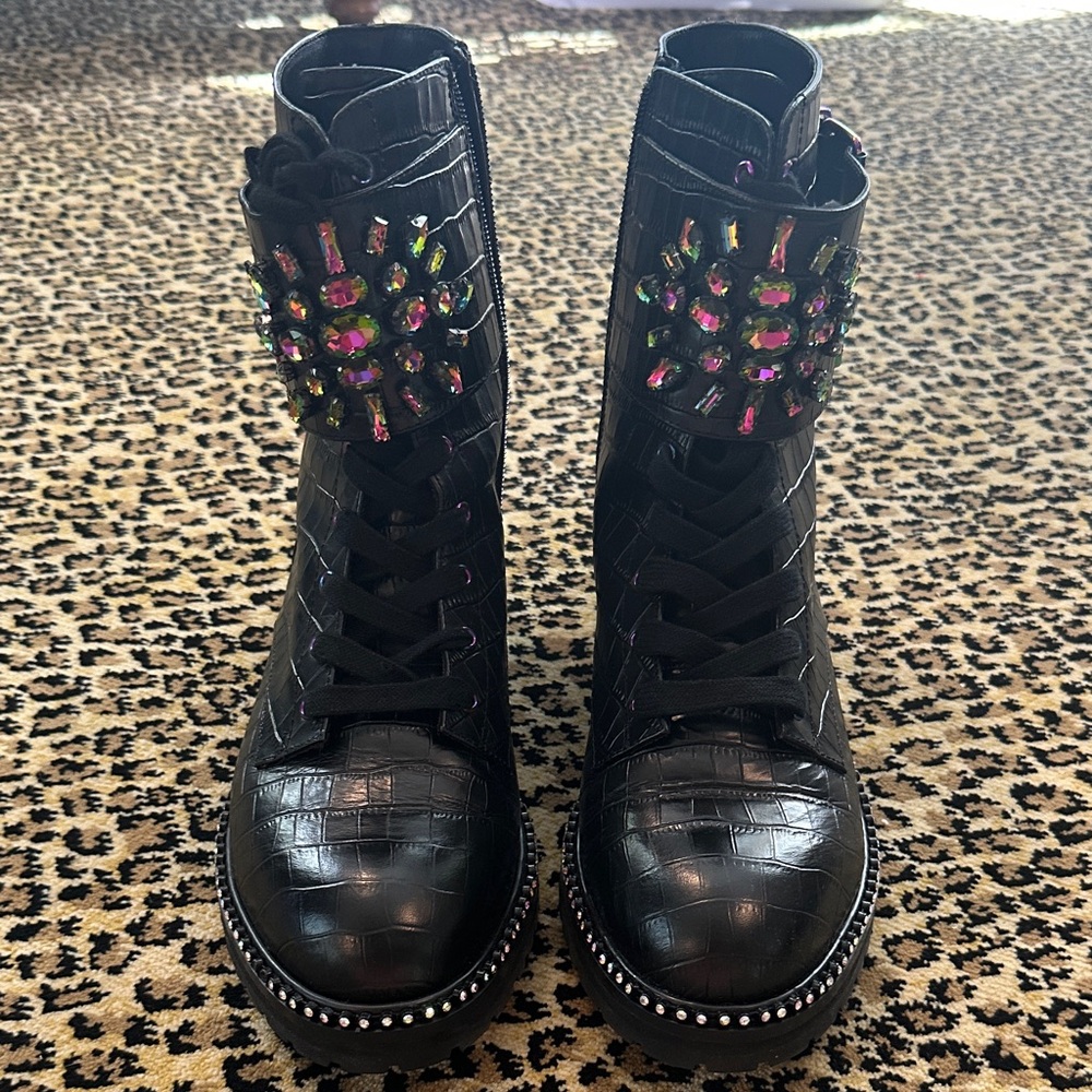 Kurt Geiger Black Croc-Embossed Boots with Jewel Accents